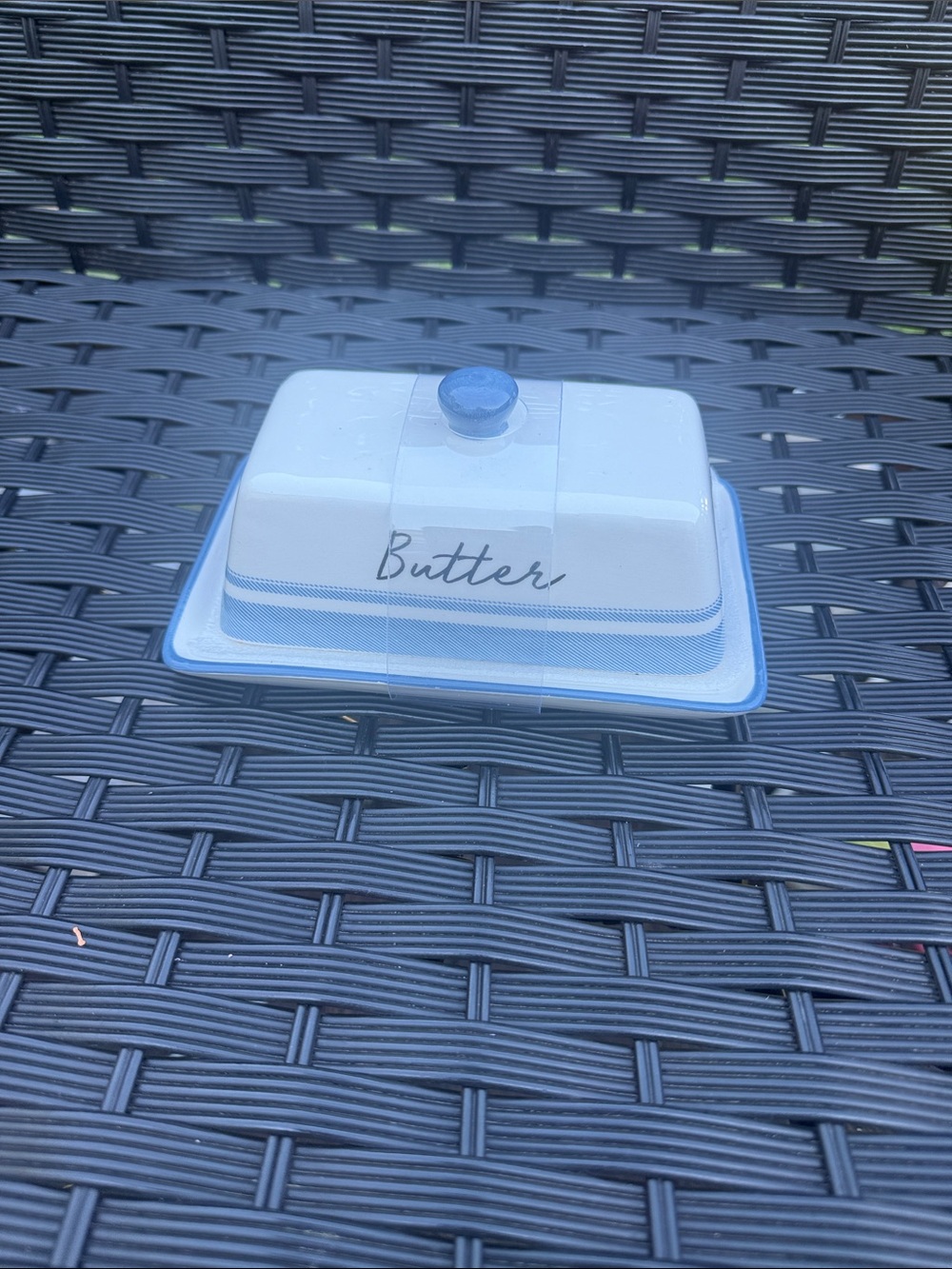White & Blue Butter Dish with Script